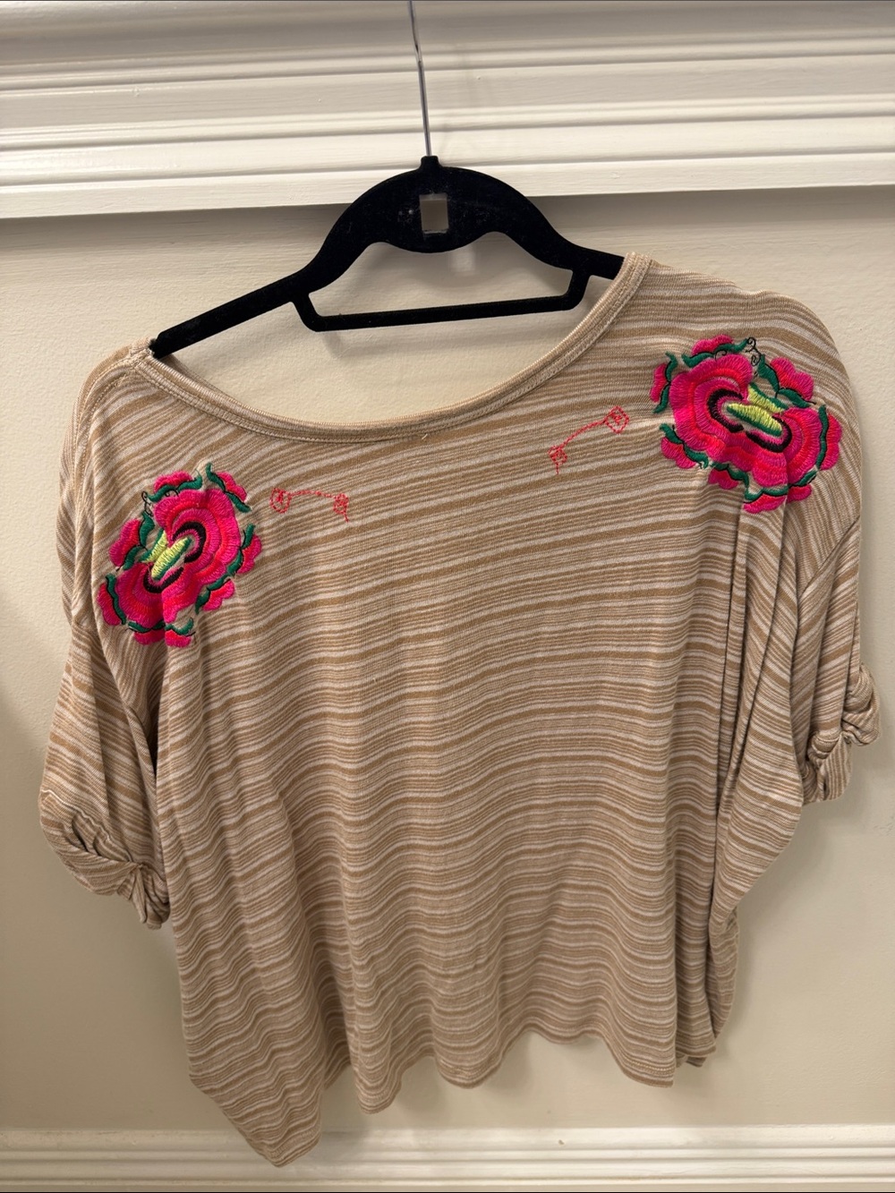 Free People Beige Striped Short Sleeve Top with Pink & Orange Floral Embroidery - Picture 7 of 9
